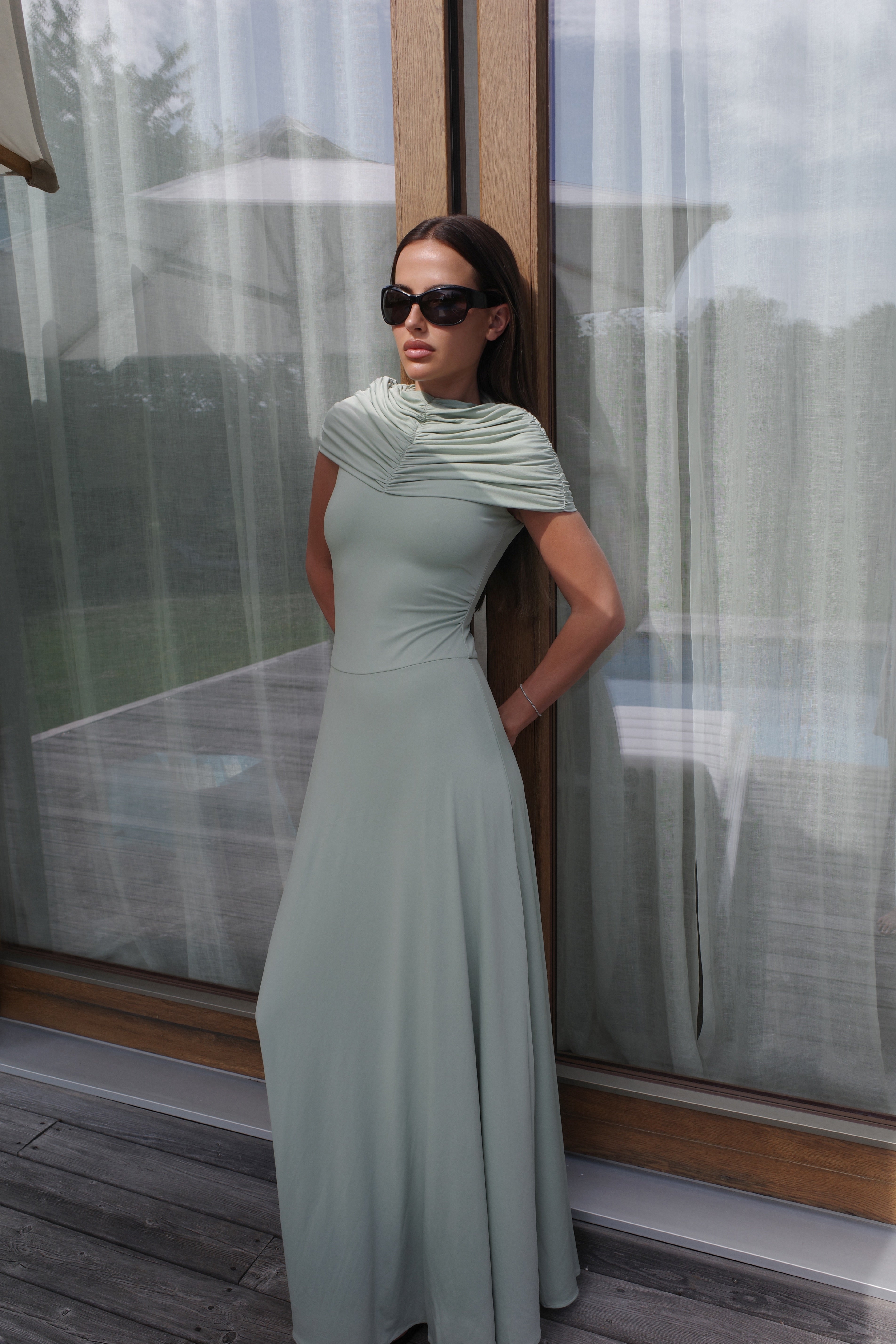 grey draped dress mint green the Draped Collar Dress Size:UK Size 12 rr_15 70s Slim Halter Polo