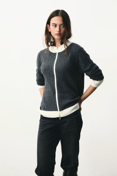 The Heritage Cable Cardigan Grey+White